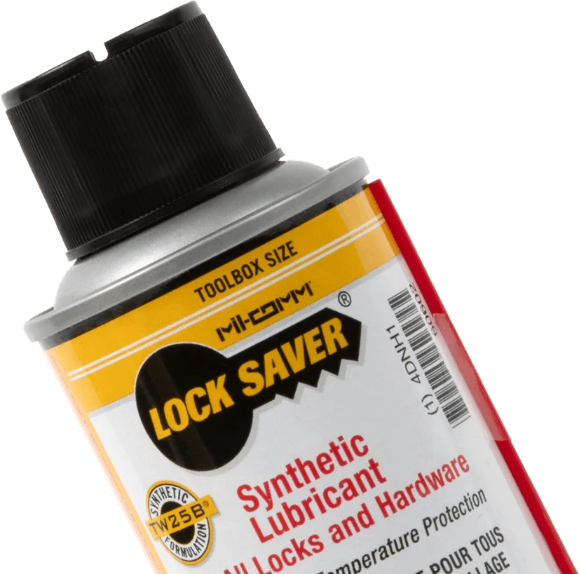 The toolbox-size can of Lock Saver: black cap, yellow band, label reading Synthetic Lubricant for All Locks and Hardware with the TW25B seal