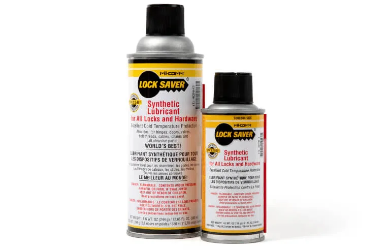 Two cans of Lock Saver side by side: the 12.65 fl oz full-size can and the smaller toolbox-size can