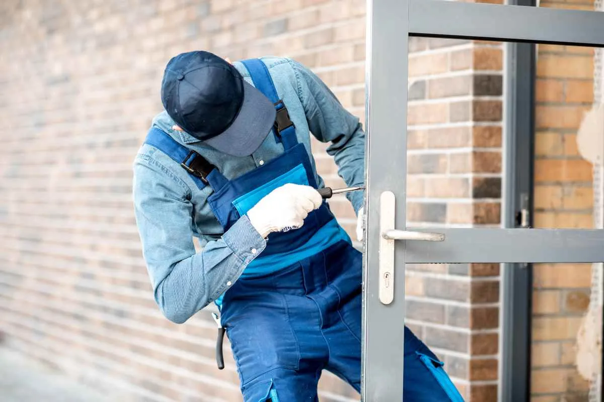 A maintenance technician in overalls and gloves working on the lock of a commercial glass door